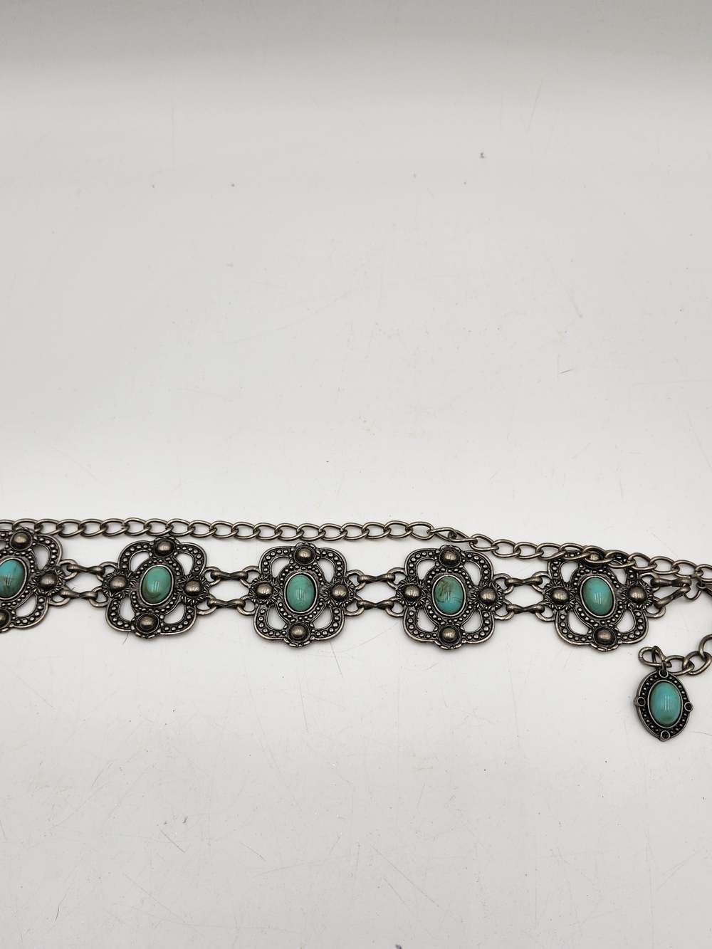 39" Silver Filigree Medallion Belt Boho Western Concho Faux Turquoise   ET4751